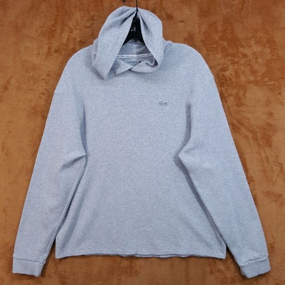 LACOSTE Shirt Mens Large Grey Pullover Long Sleeve Hooded Waffle Knit Logo